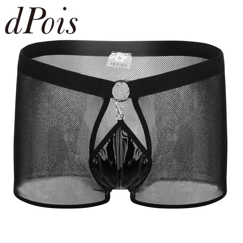 

Mens See Through Fishnet Breathable Mesh Sissy Lingerie Low Rise Boxer Briefs Underwear with Open Front Bulge Pouch Sexy Panties