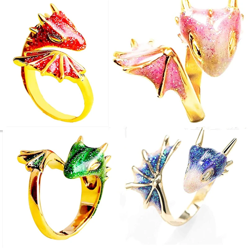 2021 Summer Trendy Gold Glitter Green Enamel Snake Dragon Adjustable Finger Midi Rings Korean Fashion Party Jewelry