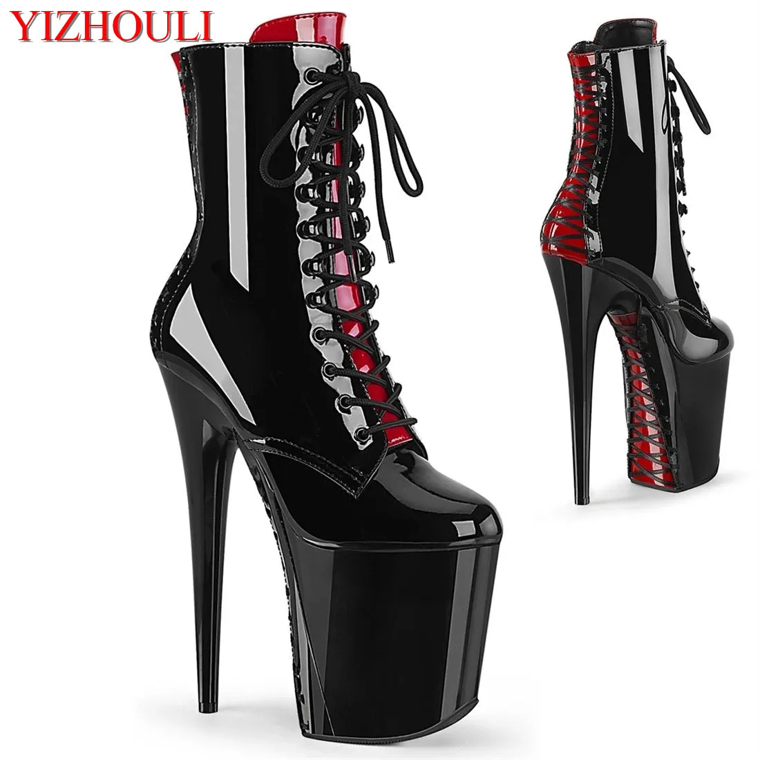 20 cm stiletto heels, lace-up soles, 8 inch nightclub show shoes, rounded head zip opening, bright ankle boots