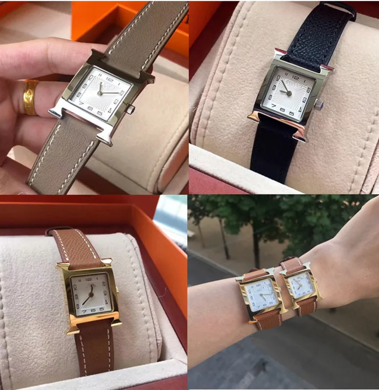 

Top quality real leather letter logo Wristwatch silver gold square Dial watch for lady girls women famous brand christmas gift