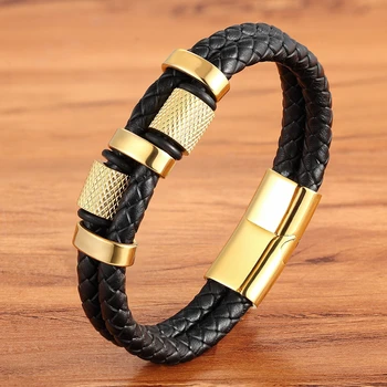 Irregular Pattern Shape Men’s Fashion Stainless Steel Leather Bracelet Custom 3 Colors Classic For Handsome Boys Birthday Gift