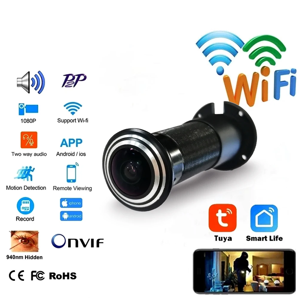 Mirilla inteligente Tuya con WIFI, cámara IP de 1080P, Audio bidireccional puerta, minimirilla IR para hogar, detección de movimiento, grabación con _ - AliExpress Mobile