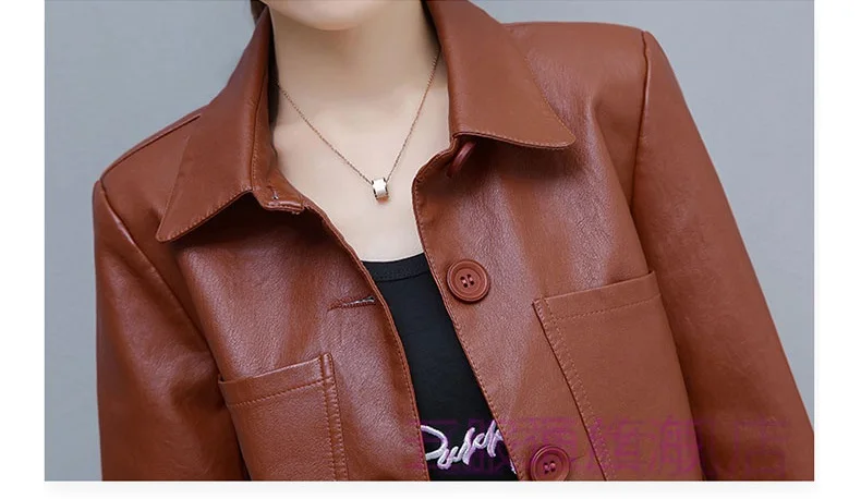 UHYTGF Leather Jacket Women Single-breasted PU Washed Leather Autumn Leather Coat Solid Color Wild Slim Short tops Big Size 827