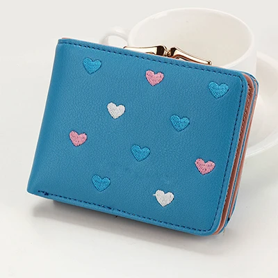 blue Милый женский короткий кошелек с вышивкой в форме сердца, многофункциональный женский мини кошелек карамельного цвета, кошельки для монет, посылка для карт, новинка - Цвет: blue