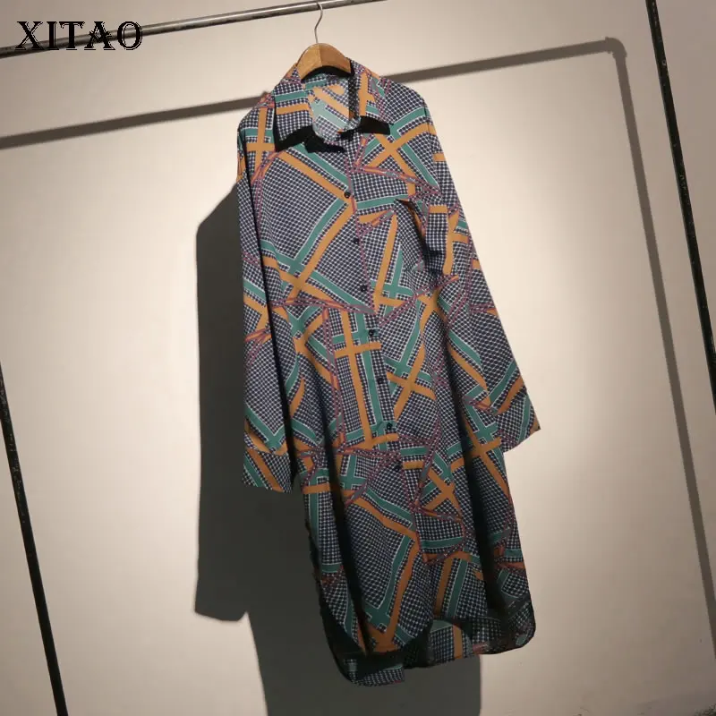 

[XITAO] Women 2019 Spring Summer Korea Fashion New Turn-down Collar Geometric Pattern Bandage Button Mid-calf Dress LYH2726