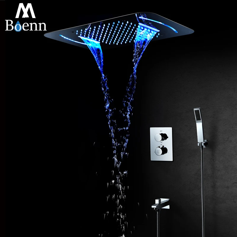 

Rainfall LED Light Big Showerhead Waterfall Shower Head Bathroom Thermostatic Shower Faucet Mixer Ceiling Mounted Shower Set