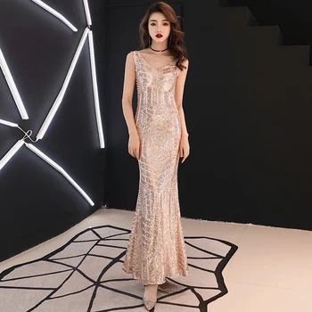 

Sexy V-neck Qipao Slim Chinese Maxi Dress Mermaid Lady Gold Formal Party Gown Bling Sequins Vestidos De Festa Elegant Cheongsam
