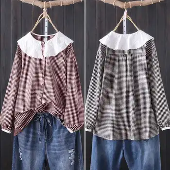 

Plus Size Women's Tunic Tops 2020 Autumn Vintage Female Plaid Check Cotton Linen Shirt Ladies Casual Loose Long Sleeve Blouse