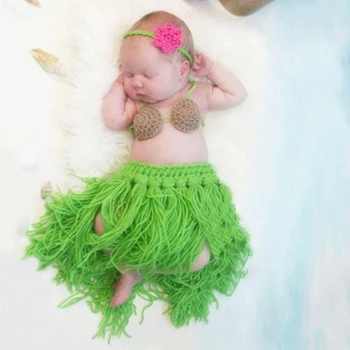 

Baby Photo Costume Knitting Infant Toddler Hawaii Grass Skirt With Bra Headband Shoot Newborn Photography Prop for Girl Gift