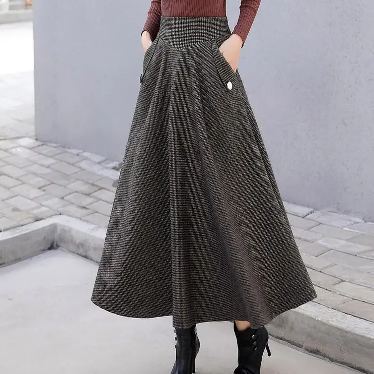 coffe plaid Клетчатая Шерстяная Женская юбка с высокой талией в стиле ретро, зима, модная теплая Зимняя шерстяная плиссированная юбка макси для офиса, Femme Saia Longa - Цвет: coffe plaid