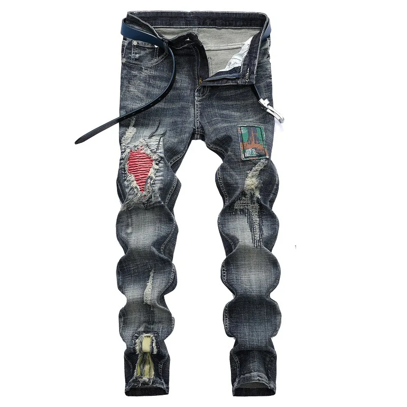 2020 New Winter Mens Jeans Patchwork Ripped Denim Cotton Pants Men Straight Slim Biker jeans Hole Hiphop Streetwear Hombre 28-42