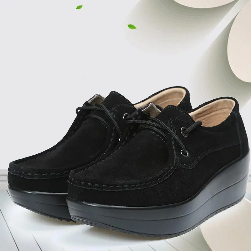 New fashion Women casual shoes genuine leather flat shoes woman lace up Round Toe platform ladies shoes zapatillas mujer - Цвет: Black