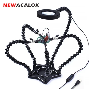 

NEWACALOX Third Hand Soldering Stand 3X LED Illuminated Magnifying Glass 5pc Flexible Arms PCB Board Holder Soldering Station