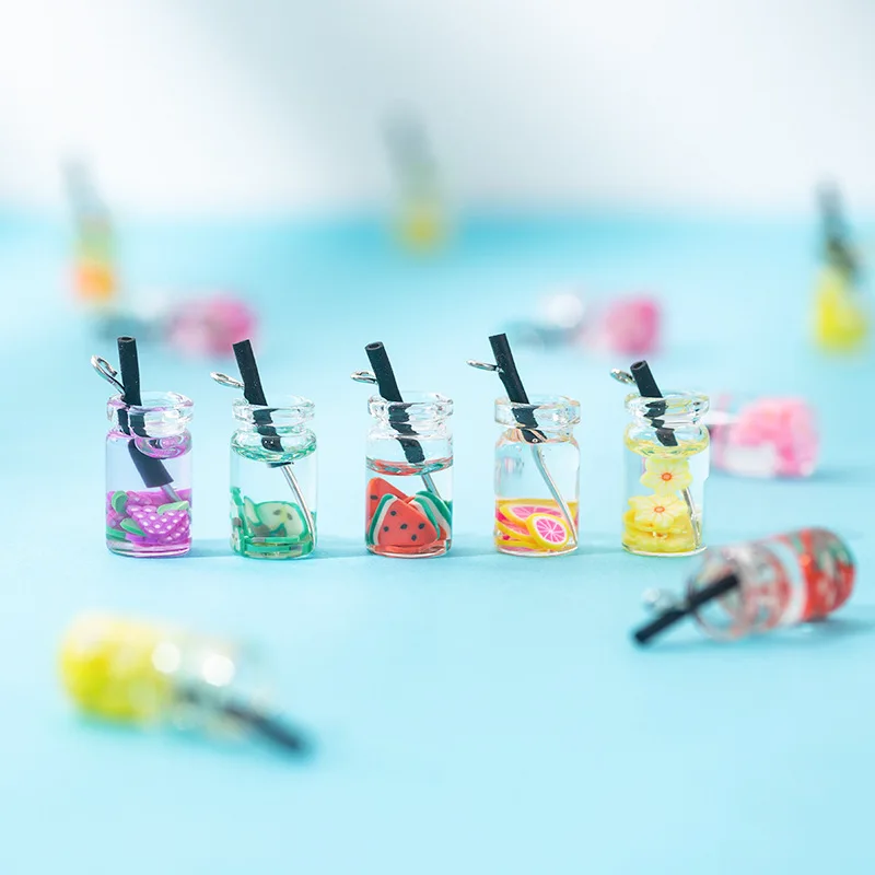 

10PCS Cute Resin Transparent Glass Fruit Plum Blossom Drinks Bottles Pendant Charms DIY For Keychain Necklace Earrings For Girls