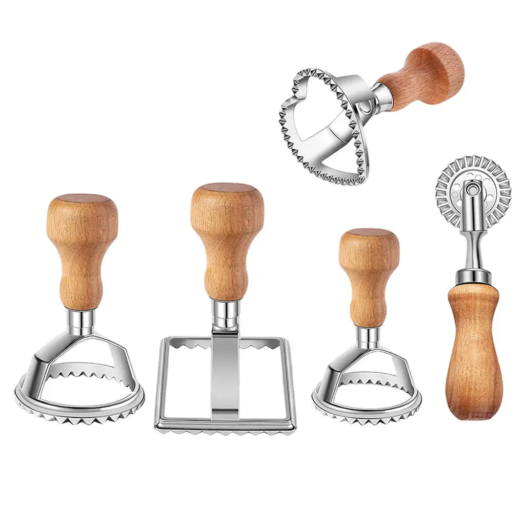 5pcs Set Wood Handle Ravioli,Pasta,Lasagna,Dumplings Maker Cutter Stamp