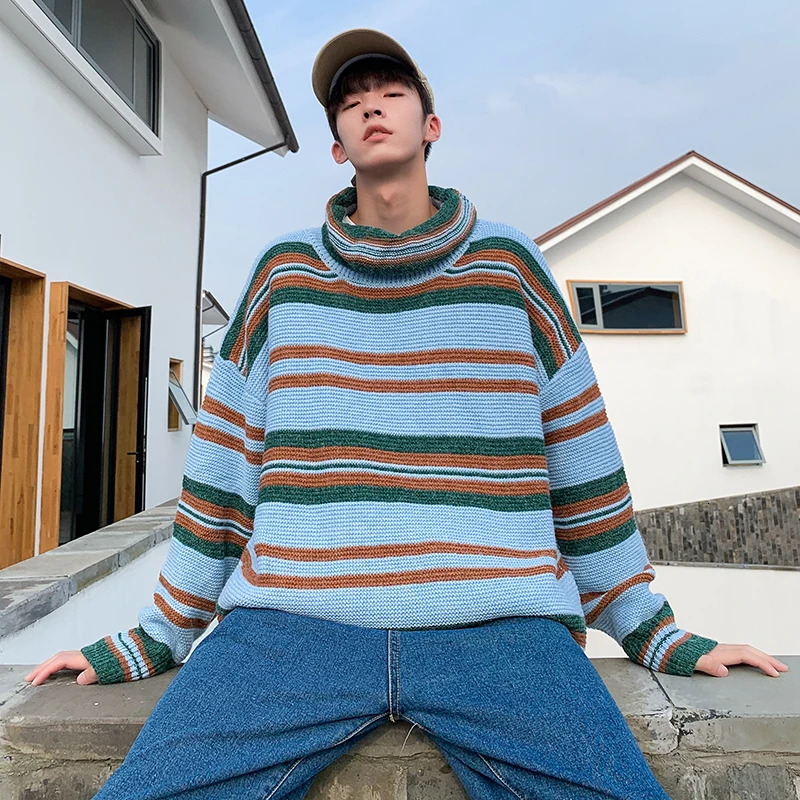 

2019 Men's Stripe Printing Loose Sweater Loose High-quality Coat Woolen Pullover Cashmere Casual Turtleneck 3color Knitting M-XL