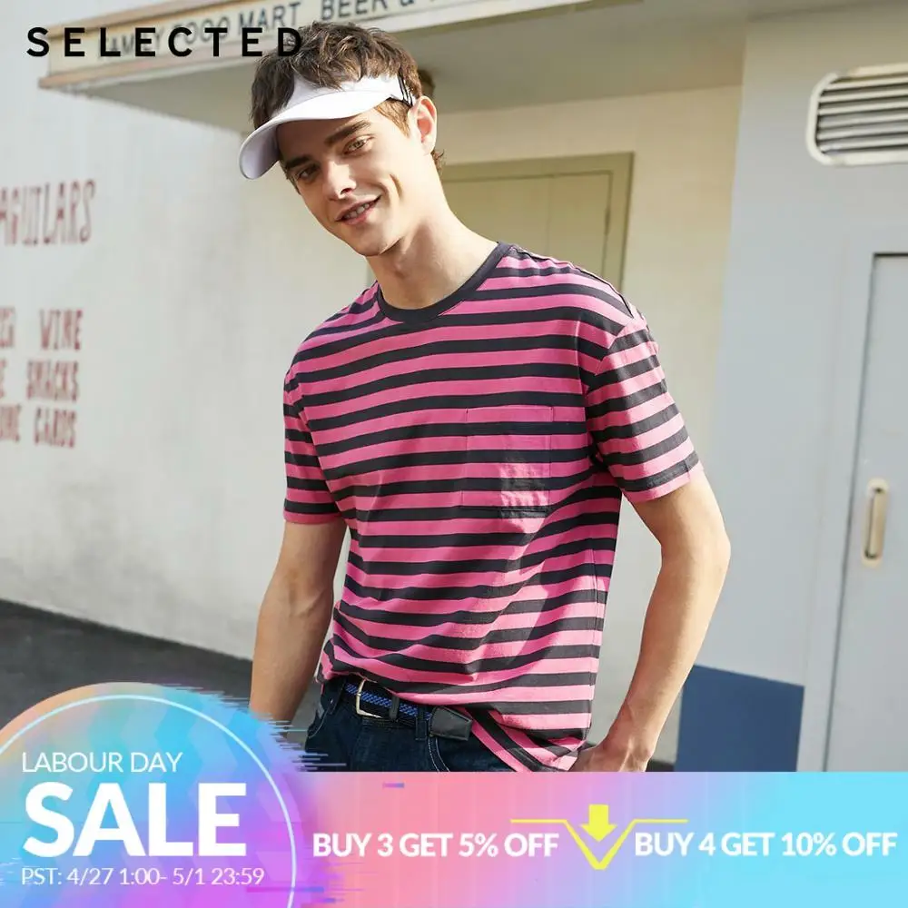 

SELECTED Men's Summer 100% Cotton Striped Short-sleeved Base T-shirt S|419201586