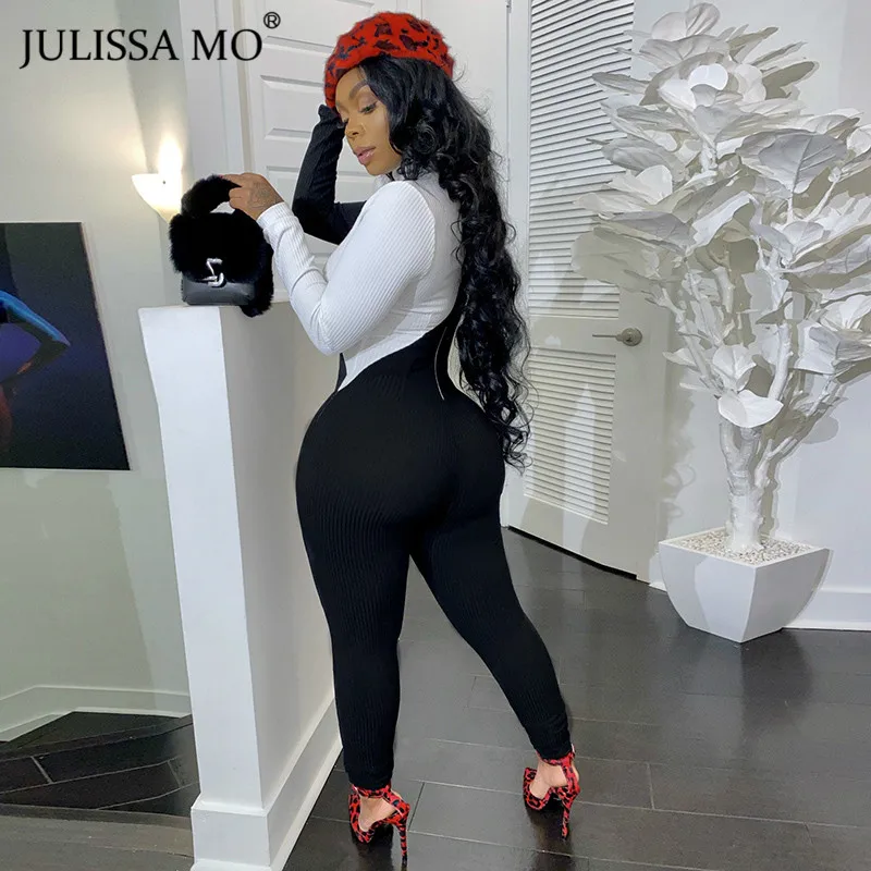 Julissa mo зимний женский лоскутный трикотажный комбинезон, сексуальный выдалбливающий комбинезон с длинным рукавом, комбинезоны, повседневные обтягивающие спортивные костюмы на молнии