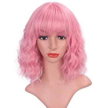 

SUe EXQUISITE Synthetic Wigs for Women Short Pink Wavy with Bang Synthetic Women's Wig Heat-Resistant Natural Hairline Full Wigs