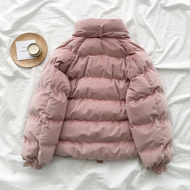 Вельветовое винтажное зимнее пальто для женщин, повседневное, стоячий воротник, длинный рукав, розовый, абрикосовый цвет, утепленная парка, женская мода, корейские Топы