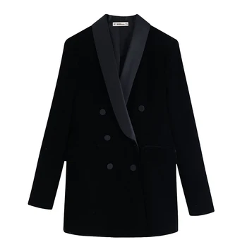 

Vintage Chic Velvet Double Breasted Jacket Women Fashion Solid Shawl Collar Coats Women Elegant Long Sleeve Jackets