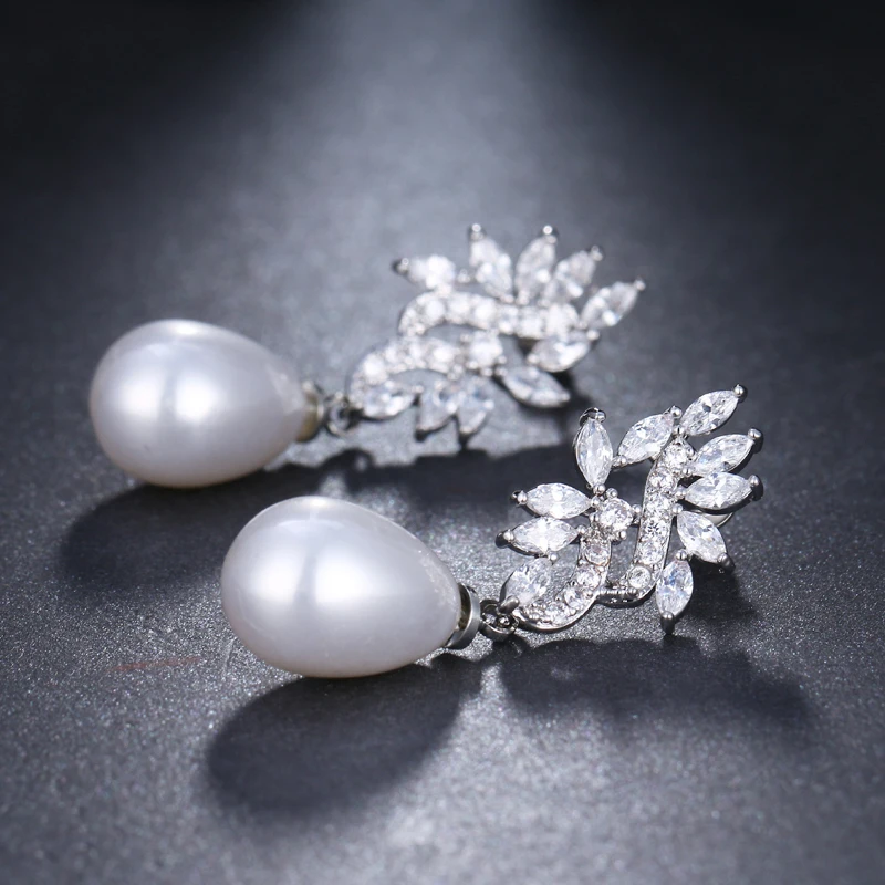 Women's Oval Simulated Pearl CZ Stone Drop Earrings with Leaf Design - Fashion Jewelry for Brides image 4