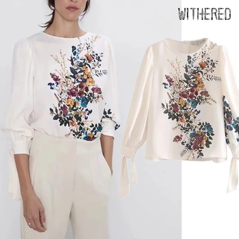 

Withered autumn blusas mujer de moda 2019 england style floral print bow oneck shirt kimono blouse women womens tops and blouses