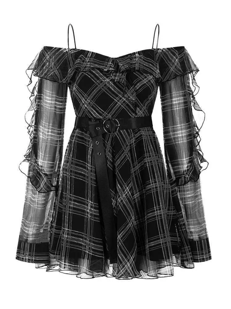 Панк Rave женские с открытыми плечами Ruched плед платья поясом PQ 706LQ|Платья| |