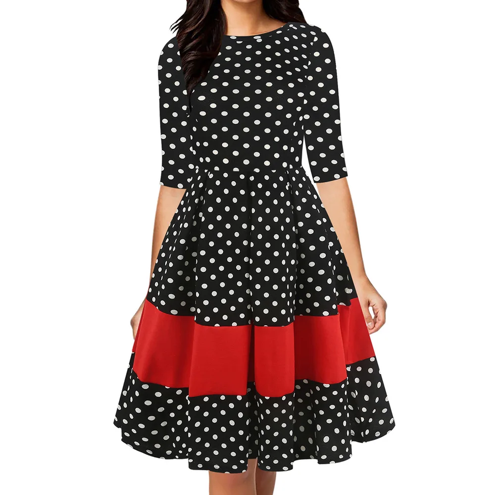 

kenancy Women Dot Plaid Print Contrast Color Autumn Vintage Dress A-Line O Neck Half Sleeve Retro Vestido Office Ladies Dresses
