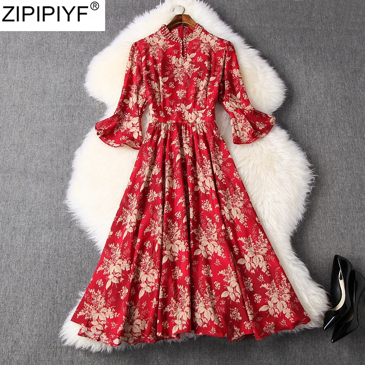 Женское винтажное платье с расклешенными рукавами летнее Повседневное круглым