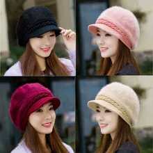 Knitted Rabbit Fur Cap Women Winter Skullies Beanies Hats Solid Color Wrap Head Winter Outdoor Keep Warm Hats For Women