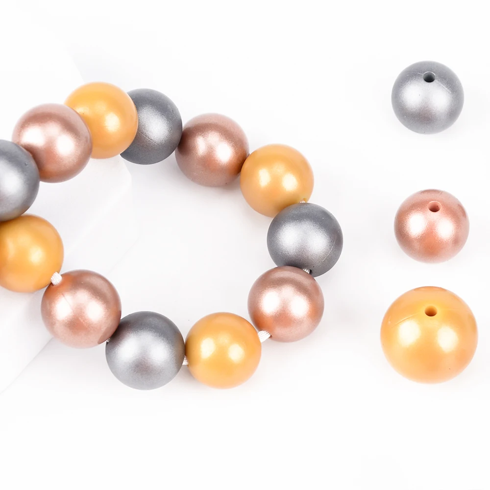 12mm/15mm 50pcs Metallic Golden Print Silicone Beads Silver Teething Beads Food Grade Silicone Chewable Teething For Infant 4