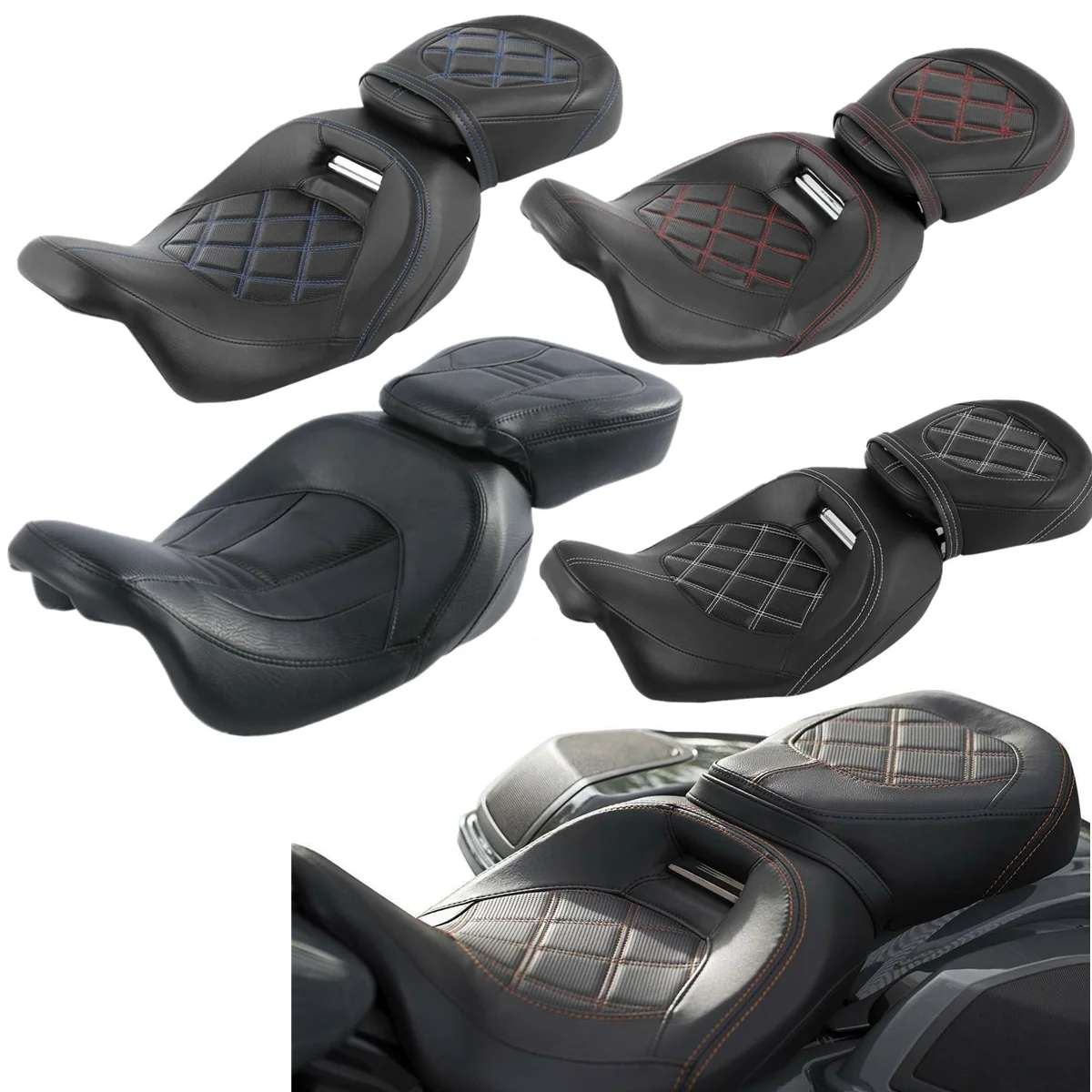 Two Pieces 2-Up Motorcycle Driver Passenger Low Profile Leather Seat For Harley Davidson Touring Road King Street Glide Electra Glide Road Glide 2009-2022 