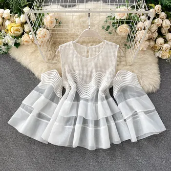 

Royal Style Summer See Through Off-the-shoulder Patchwork Ruffled Organza Blouse Cute Cutout Top