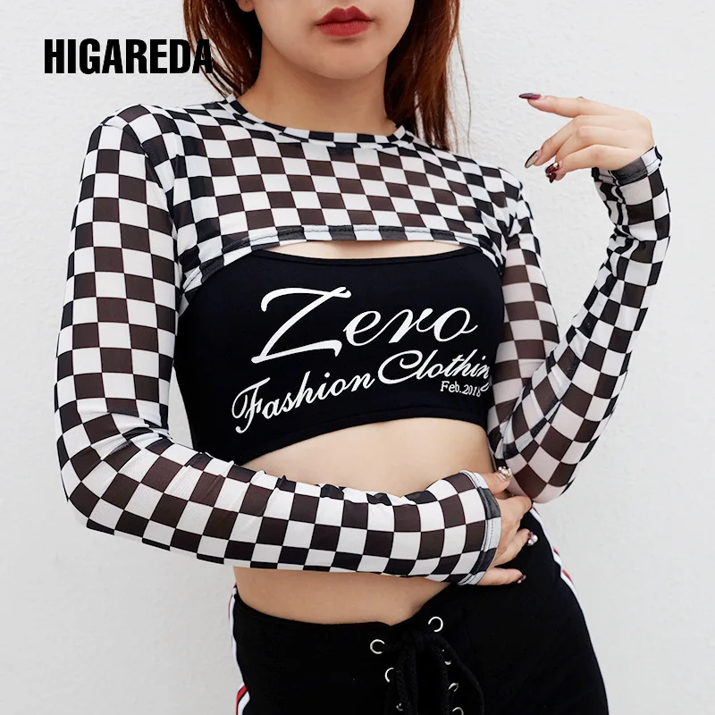 

2020Transparent Checkerboard Women Cropped Tops Smock Sexy Checkered T Shirt Streetwear Long Sleeve Summer Tees vintage