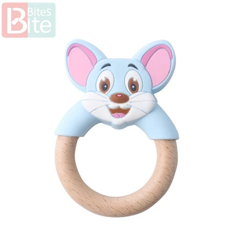 blue mouse ring 1 шт. Детские трофеи силиконовые мыши грызуны Силиконовые Прорезыватели деревянные кольца деревянный Прорезыватель коляска белка для детей товары игрушки - Цвет: blue mouse ring