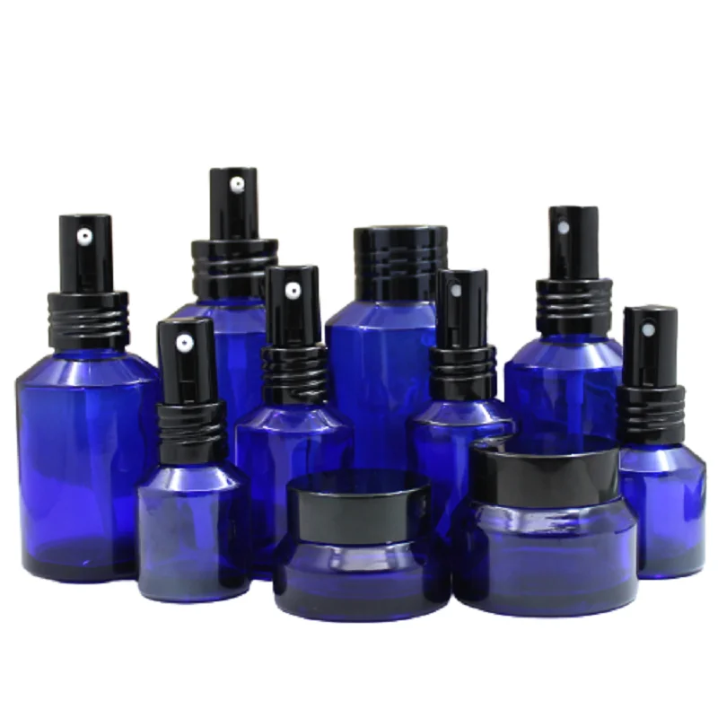 

15ml 30ml 60ml 100ml Empty Blue Glass Packaging Bottle Toner Spray Lotion Pump 15G 30G Glass Cream Jars Black Aluminum Lid 10pcs