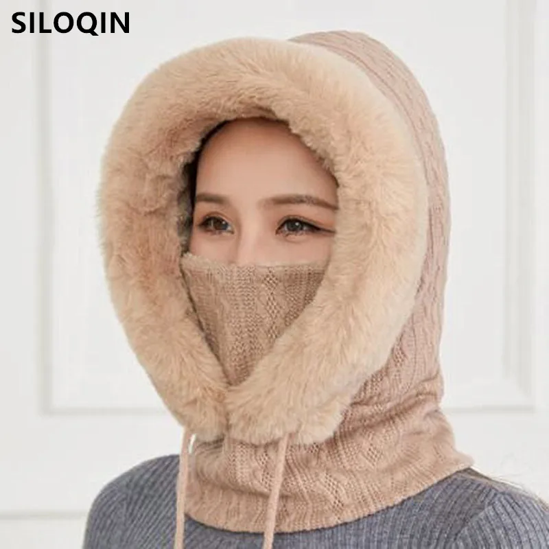 

SILOQIN Winter Women's Plush Bomber Hats With Mask And Bib Fluff Warm Earmuffs Cap Elegant Thickening Cold Proof Thermal Ski Cap