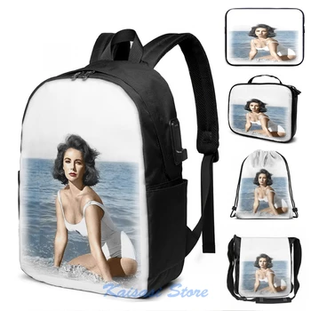 

Funny Graphic print Elizabeth Taylor Beach USB Charge Backpack men School bags Women bag Travel laptop bag
