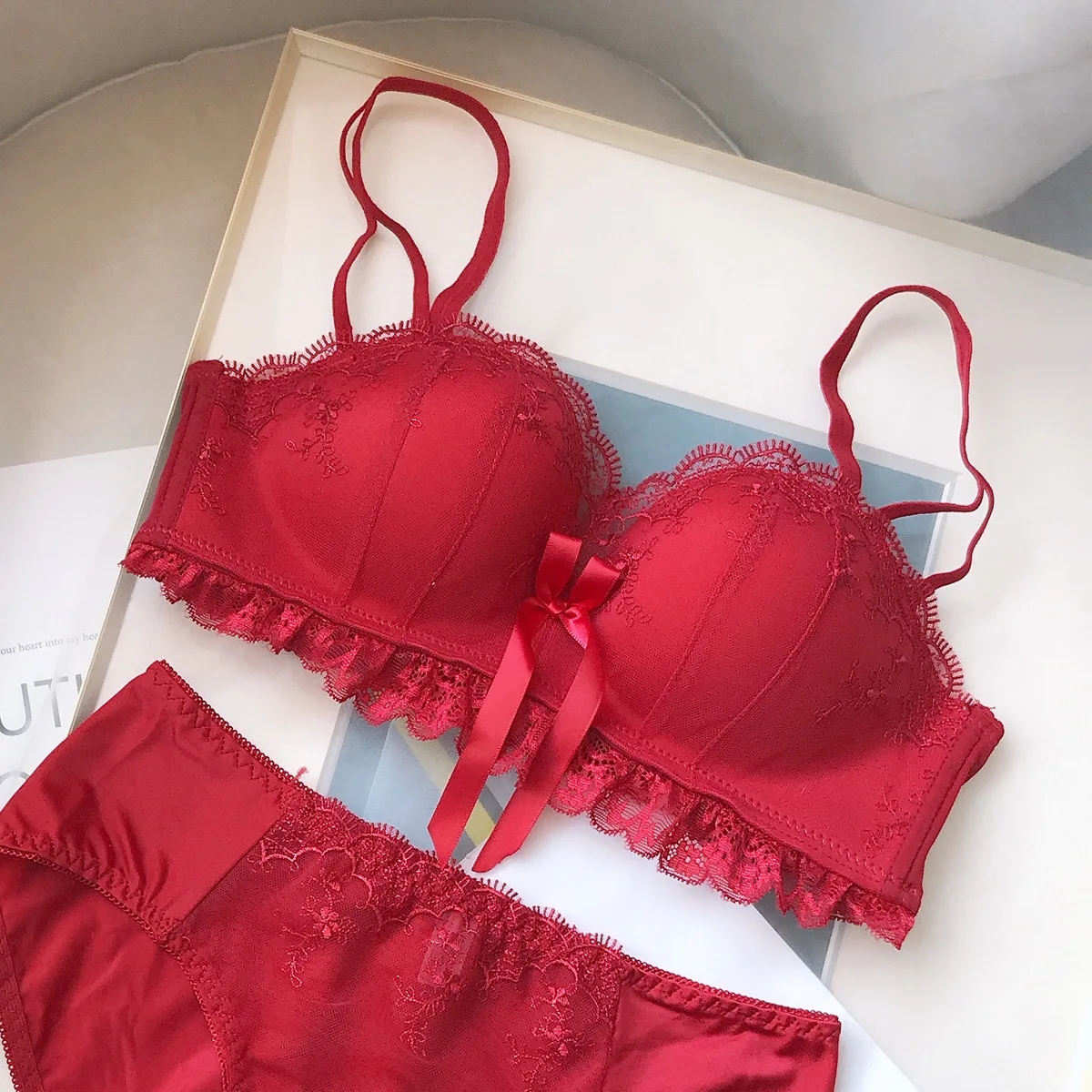 Red Roseheart, новинка зимы, женская мода, серый, оранжевый, сексуальный комплект нижнего белья, кружевной бант, хлопковые трусики, мягкий пуш-ап бюстгальтер, наборы нижнего белья - Цвет: Red