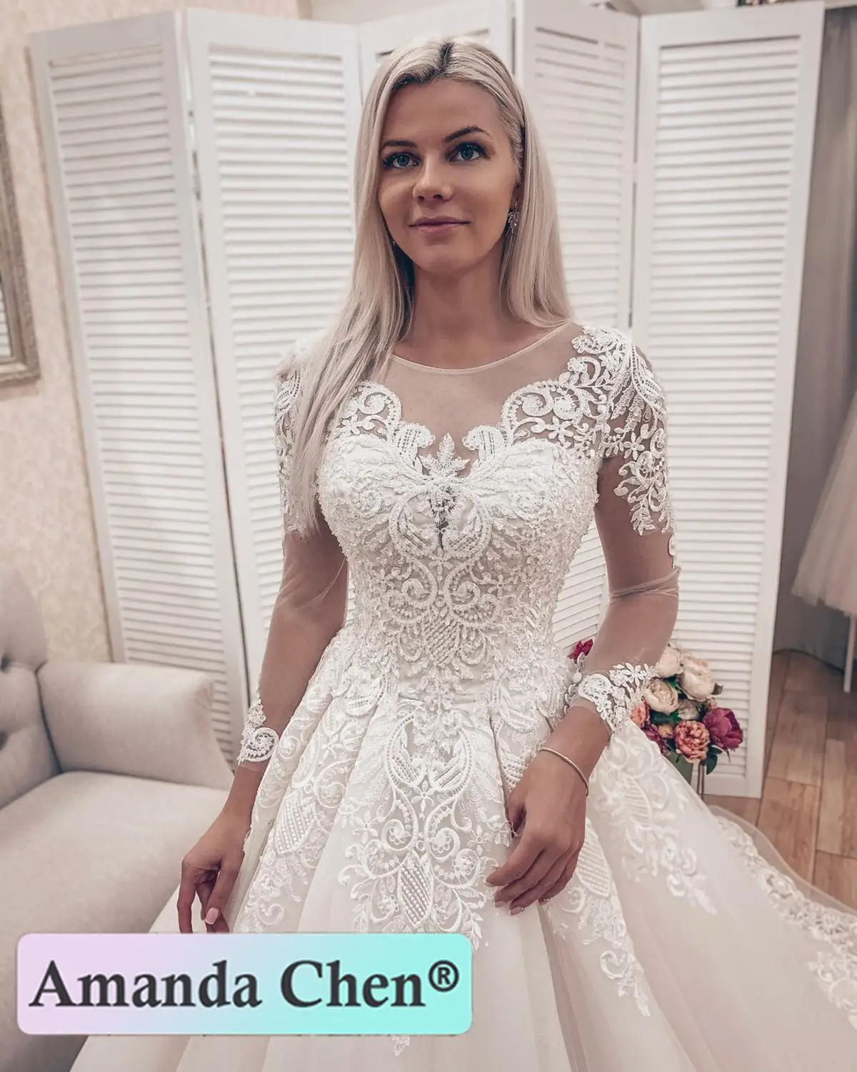 Кружевное бальное платье с длинными рукавами, свадебное платье на заказ