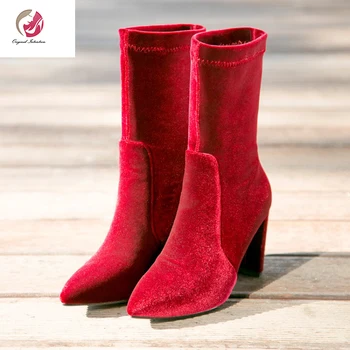 

Original Intention Women Elegant Wine Red Ankle Boots Pointed Toe High Heels Boots Black Concise Super Warm Casual Shoes Woman