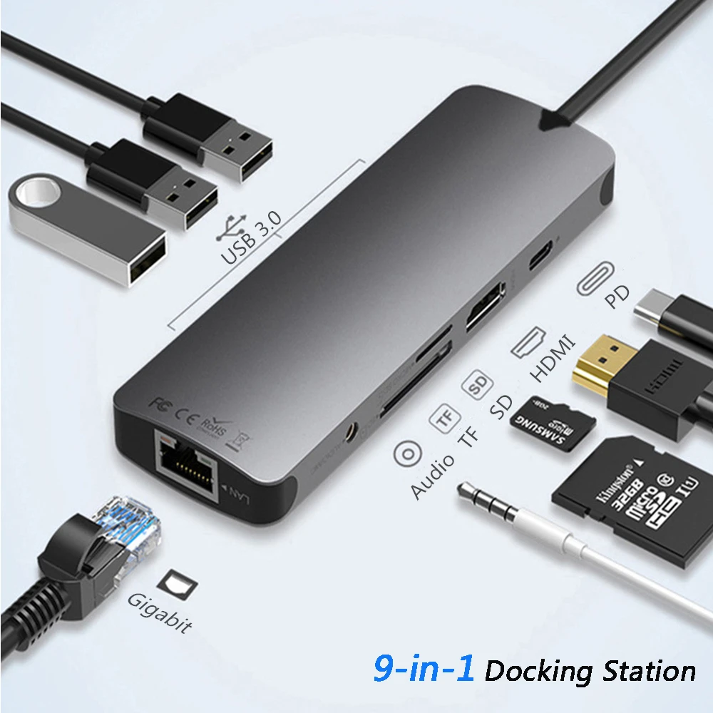 Tebe Тип-C USB концентратор до RJ45 4K HDMI C PD SD/TF устройство для чтения карт 3,5 мм аудио Интерфейс USB 3,0 9 в 1 многофункциональный адаптер для MacBook Pro