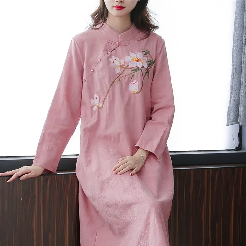 

Autumn And Winter Cotton Linen Chinese-style Improved Cheongsam Chinese Style Slim Fit Retro Embroidery Mid-length Dress