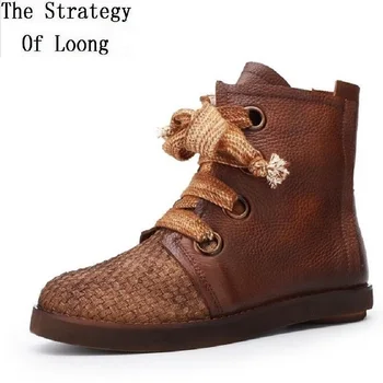 

Spring Autumn Winter Retro Women Genuine Leather Woven Short Boots Lady Cross-tied Botas Ladies Ankle Equestrian Boots 191024