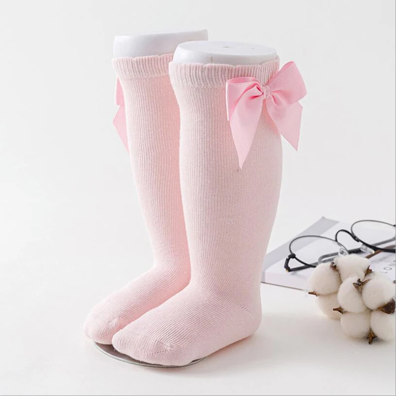 light pink Носки для новорожденных девочек от 0 до 2 лет милая лента для малышей, Гольфы с бантом для девочек, длинные носки вечерние свадебные аксессуары - Цвет: light pink