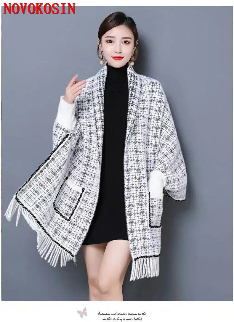 

SC397 2019 Lady Knitted Plaid Cardigans Thick Poncho Houndstooth Autumn Winter Shawl Casual Wrap Open Stitch Cloak With Pocket