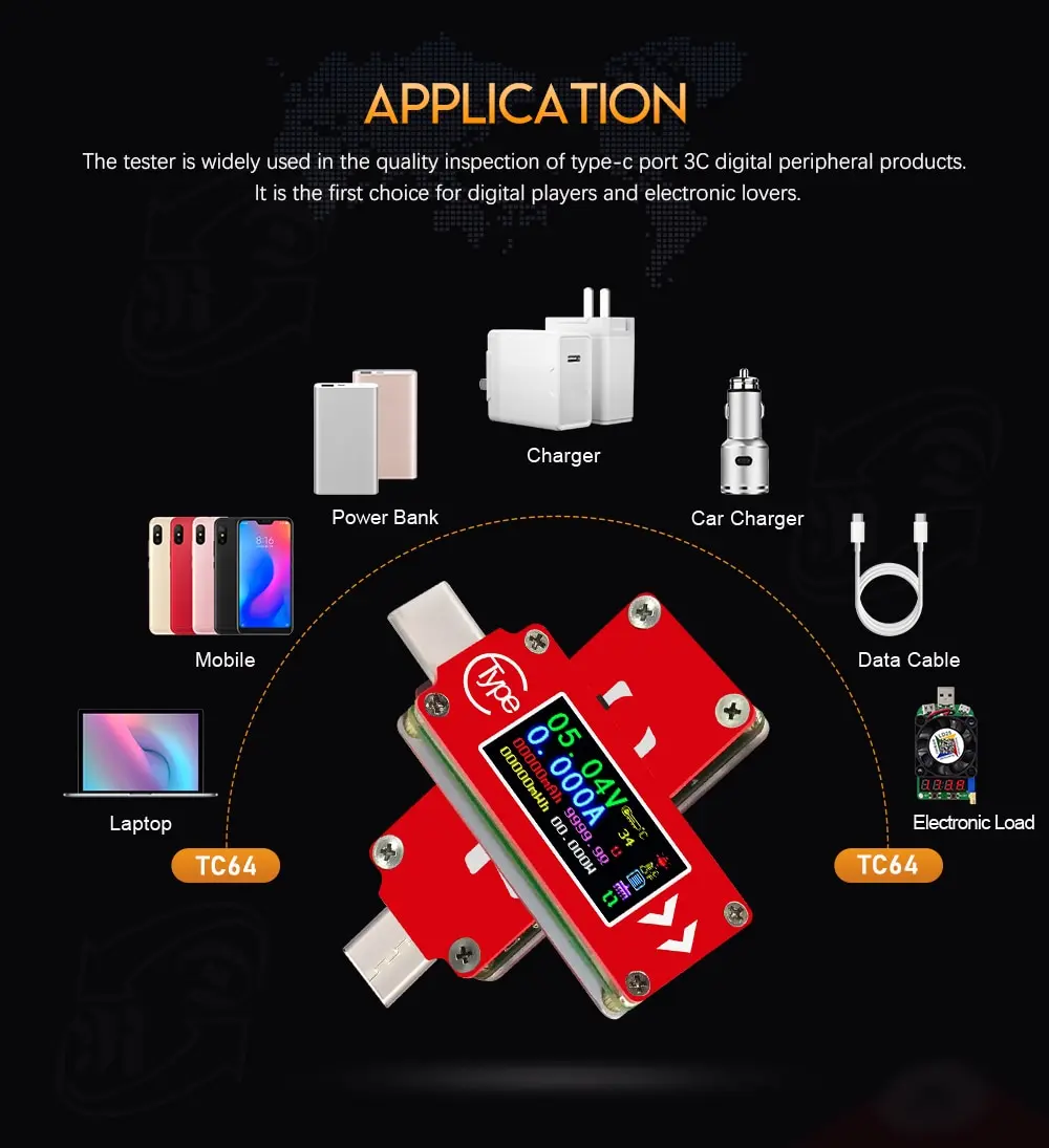 RD TC64 тип-c цветной ЖК-дисплей USB Вольтметр Амперметр Напряжение измеритель тока мультиметр батарея PD Зарядка банк питания USB Тестер