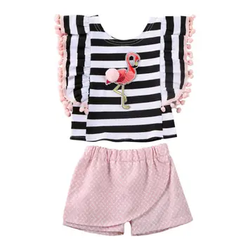 

Toddler Kids Baby Kids Girl Clothes Set Summer Tassel Sleeveless Flamingo Print Striped Tops Shorts Outfit Clothing 2PCs