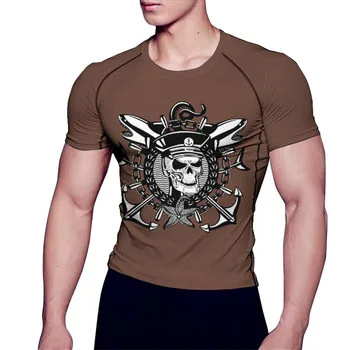 

Men MMA Performance Compression Captain Skull Anchor Shirt Sportswear Muscle Cut Active Tshirt Tee Tops